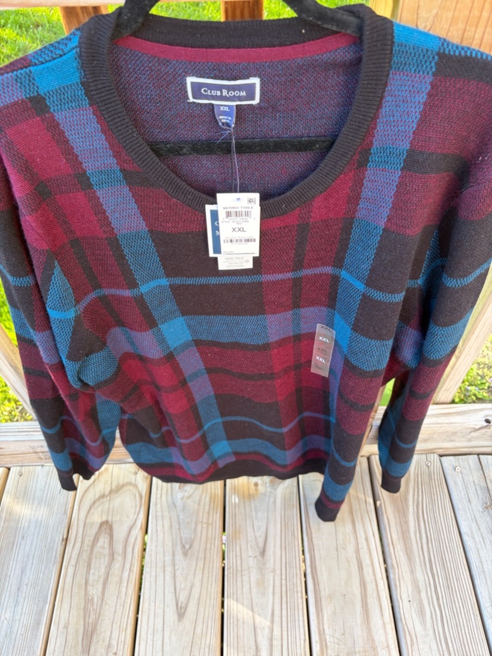 Club Room Plaid Crewneck Sweater - Burgundy, Teal & Black XXL